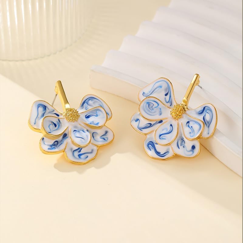 Flower Earrings for Women Blue and White Floral Earrings Trendy Large Statement Earring Irregular Petal Stud Earring Unique Jewelry - Image 6
