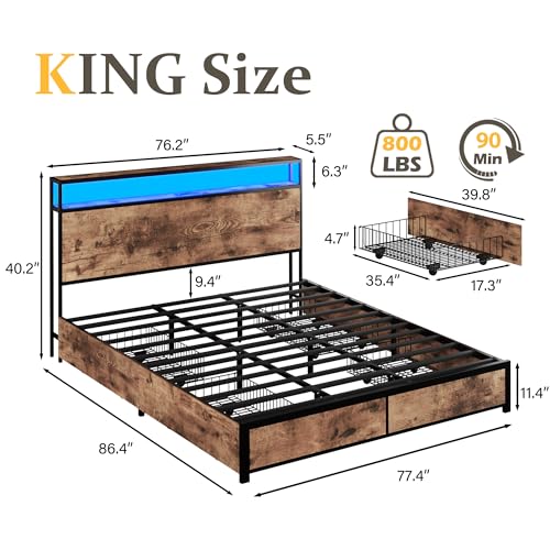 Image of Lifezone Queen Bed Frame with 2-Tier Storage Headboard, Metal Platform Bed Frame with 4 Storage Drawers, Built in Charging Station & LED, Noise-Free /Metal Support /No Box Spring Needed, Rustic Brown