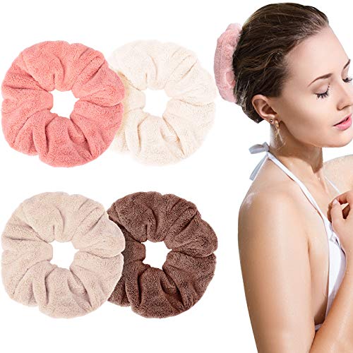 4 Pieces Large Towel Microfiber Drying Soft Scrunchies Thick Scrunchies Fuzzy Scrunchy Ponytail Holder for Hair Light Bobbles Ropes Wet and Dry Hair Accessories (Bright Colors)