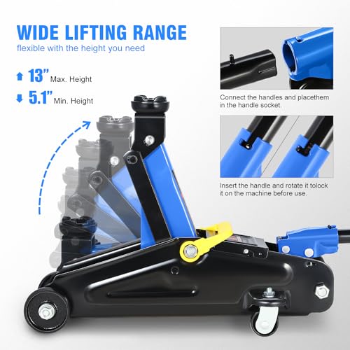 Image of DNA Motoring Low Profile Hydraulic Trolley Service /Floor Jack, 2 Ton (4000 lbs) Capacity, Lifting Range 5.1 inch-13 inch, Blue, TOOLS-00474