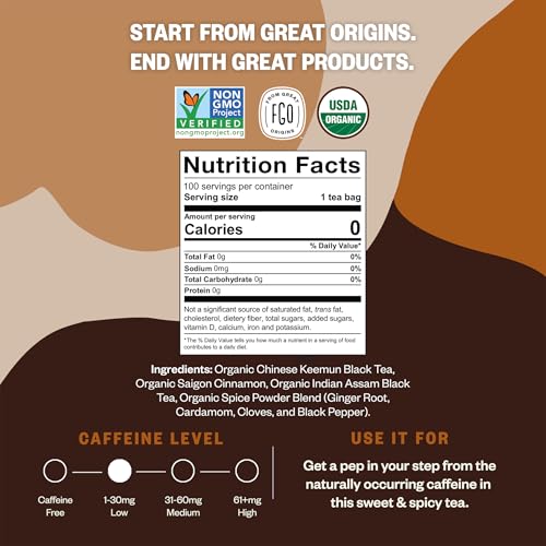 Image of FGO Organic Chai Tea, 100 Count, Eco-Conscious Tea Bags, Resealable Bag, Packaging May Vary (Pack of 1)