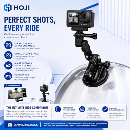 Image of HOJI 2-in-1 Bike Phone Mount & Helmet Camera Kit - Anti-Vibration Handlebar Holder & Curved 3M Chin Mount for POV Video - Compatible with iPhone, GoPro Hero 14 /13, Insta360 & DJI Action (Black)