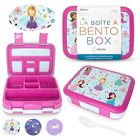 kinsho Bento Lunch Box for Kids Toddlers Girls, 5 Portion Sections Secure Lid, Microwave Safe BPA Free Removable Tray, Pre-School Kid Daycare Lunches Snack Container Ages 3 to 5, Pink Fairy Princess Cover