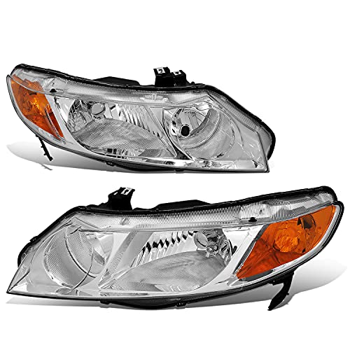 Auto Dynasty Headlights Assembly Compatible with 2006-2011 Honda Civic 4-Door Sedan, Driver and Passenger Side Halogen Headlamps Replacement, HO2502125 HO2503125, Chrome Housing Amber Corner