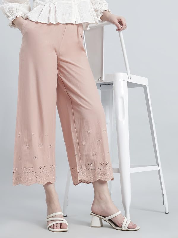 Image of GO COLORS Women Cotton Hakoba Wide Pant Ankle Length, Floral Embroidery, Relaxed Fit, Mid-Rise with Side Pocket