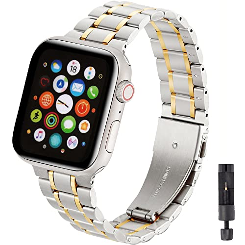 Camofit Compatible with Apple Watch Band 49mm 45mm 44mm 42mm, Metal Stainless Steel Solid Wristband Strap Compatible with iWatch Series 9 8 7 6 5 4 3 2 1 Ultra SE (42mm 44mm 45mm 49mm, Silver/Gold)