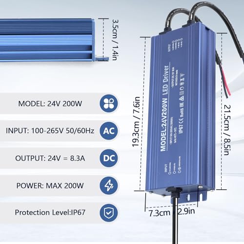 Image of 24V 200W LED Power Supply Waterproof IP67 Ultra Slim LED Driver 110V AC to 24V DC 8.3A 200 Watt Quiet Low Volt Converter LEDs Transformer Constant Voltage for LEDs Strip, Indoor & Outdoor