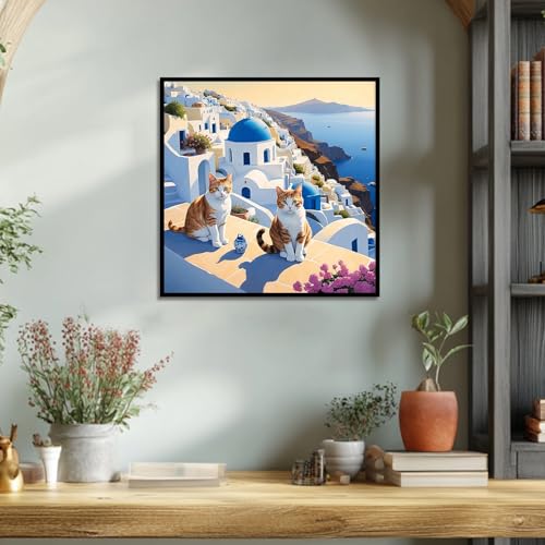 Image of AiYuanzsh 5D Diamond Art Kits for Adults Beginners, Santorini Greece Cat Diamond Painting Kits for Adults, DIY Full Round Drill Paint by Diamonds Dot Gem Art Paintings for Home Wall Decor 13.8 inchx13.8 inch