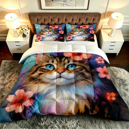 Gumntun Edredon Estampado Cama 90-135x200 cm Gato de Flores 3D, 3D Impresión Juego de Cama de 3 Piezas 135x200, Transpirable y Supersuave Juego de Ropa para Las 4 Estaciones_B20492