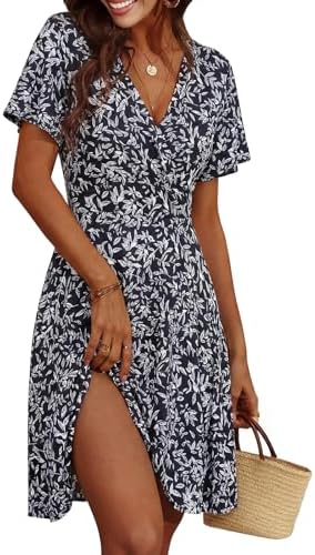 Cicy Bell Damen Sommerkleid Kurzarm Blumenmuster Kleider | Knielang,V Ausschnitt,Leicht,Wrap,Elegant,Midikleid,A-Linie,Freizeitkleid,Dress,Strandkleid