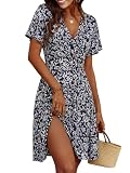 Cicy Bell Robe d'été pour femme, longueur genou, manches courtes, col en V, robe enveloppante, robe midi, ligne A, robe décontractée, bleu foncé, XS