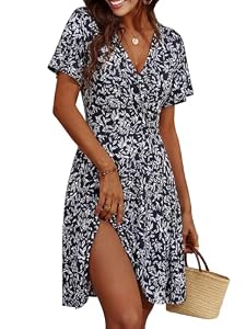 Cicy Bell Damen Sommerkleid Kurzarm Blumenmuster Kleider Dunkelblau M