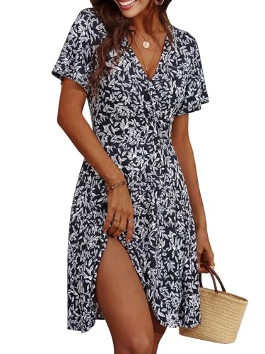 Cicy Bell Women's Floral Summer Dress A-Line Mididress with V Neck Wrap Short Sleeve Casual Beach Party Dresses, Navy Blue, XL