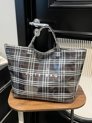 Image of PVC Tote Bag Gifts for Women Large Tote Purse Kraft Paper Letter Print Hobo Handbags for Work Beach Shopping Travel
