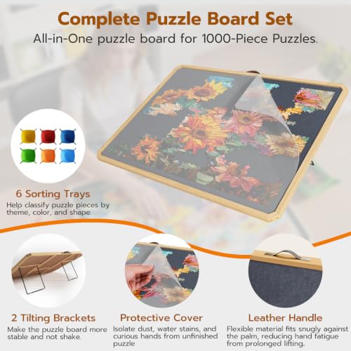 1000 Pcs Puzzle Board with Tilting Stand, 6 Sorting Trays & Cover for Adult by DLIOASA - Used condition - Image 2