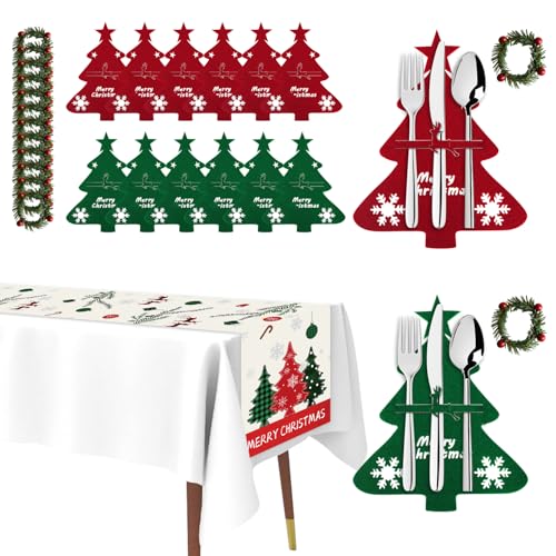YURDELF Tischdeko, Decoracion Mesa Navidad, Porta Cubiertos Navidad de 12 Piezas, Mantel Navidadña de 183 x 33 cm, 12 Piezas Servilleteros Navideños, Familiares Decoración de Mesa Navideña
