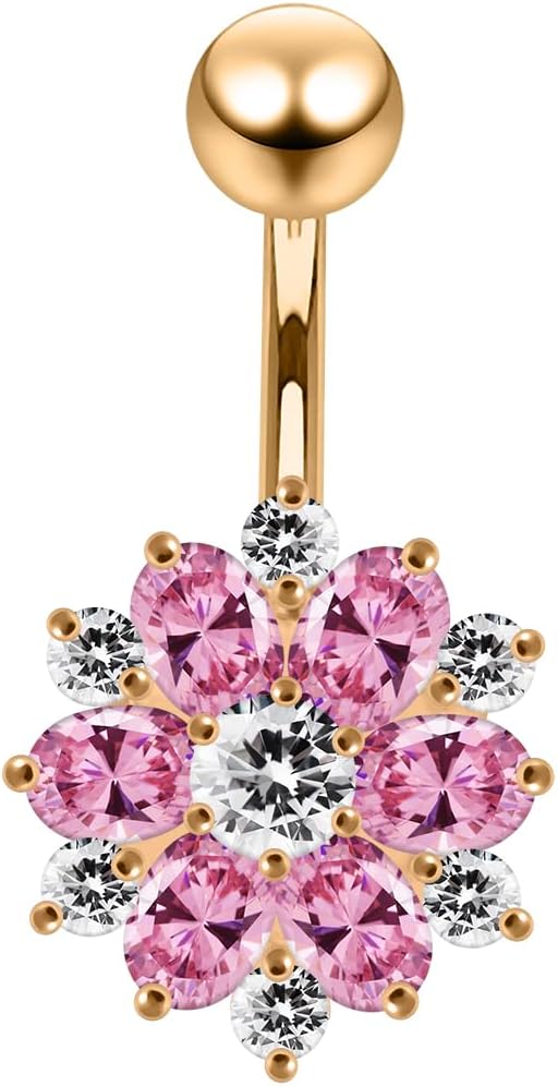 Cz Gemstones Rose Gold Plated Fantasy Mini Double Layer Flower Design 925 Sterling Silver with Stainless Steel Belly Ring - Belly Button jewelry - Navel jewelry