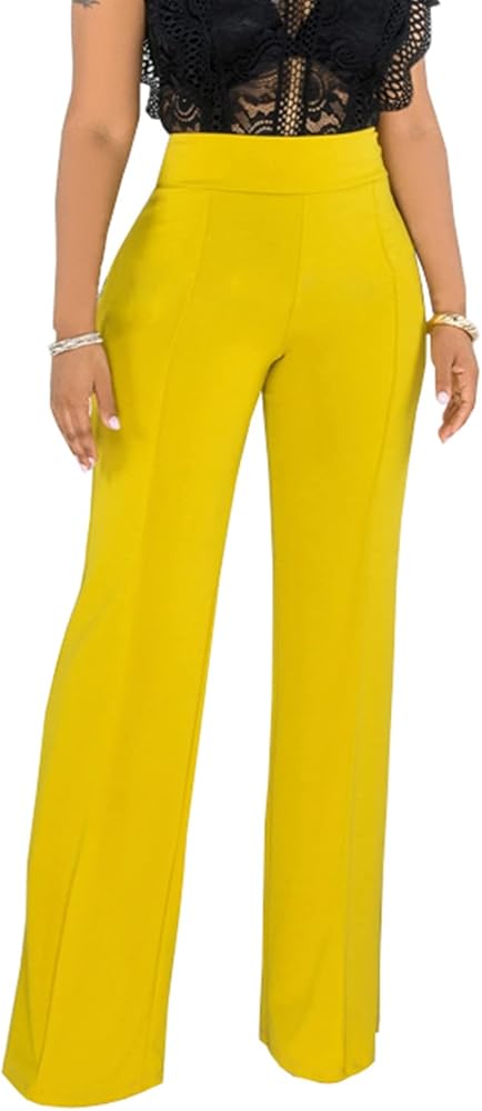 Choichic High Waisted Dress Pants for Women Casual Business Loose Fit  Elastic Waist Wide Leg Palazzo Pants Trousers Yellow Small at Amazon Women's  Clothing store