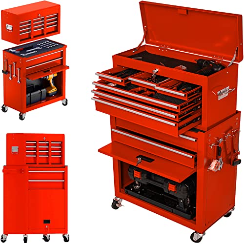 8 Drawers Large Rolling Tool Chest with Wheels - 2 in 1 Detachable Toolbox Cabinet with Lock - Metal Garage Workshop Organizer with Black Drawer Liner (Red)