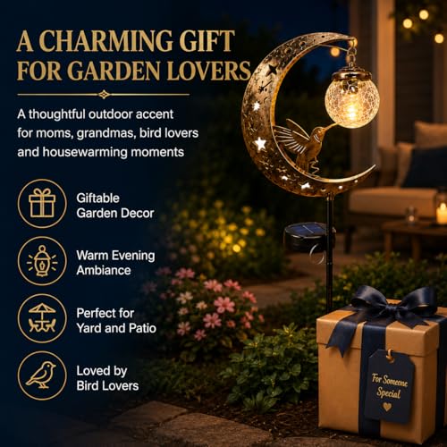 MOYEE Hummingbird Solar Garden Stake Light, Moon Outdoor Solar Lights with Crackle Glass Globe, Metal Crescent Moon Yard Decor, Waterproof Solar Pathway Light for Garden Patio Lawn Flower Bed - image 7