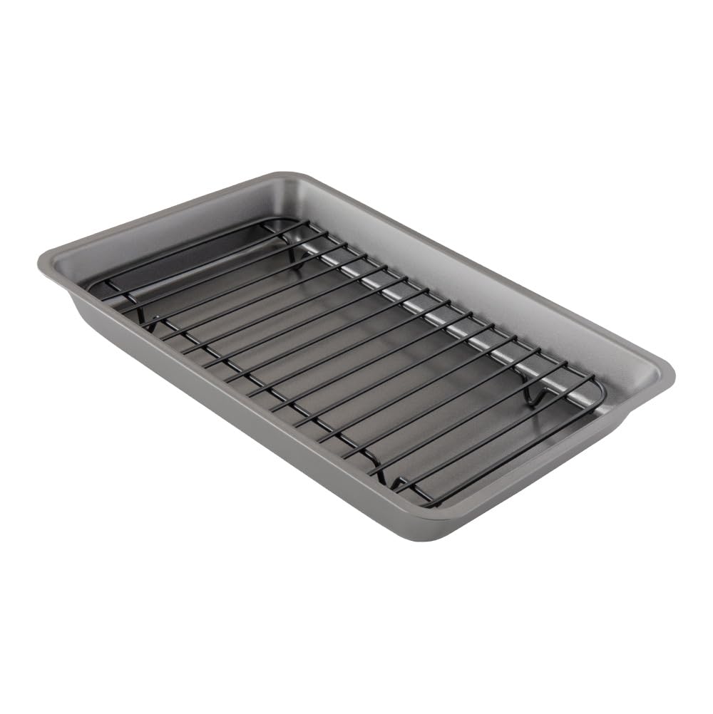 Chef Pomodoro - Bandeja para horno con rejilla - Gris - 28,5 x 19,5 cm - Antiadherente - Bandeja pequeña con rejilla y bandeja recogegrasa - Perfecto para carne, pescado, verduras