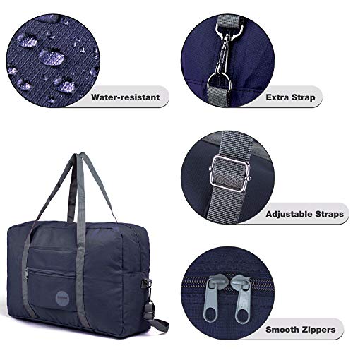 Wandf Foldable Travel Duffel Bag Luggage Sports Gym Water Resistant Nylon (D-Dark Blue with Strap)