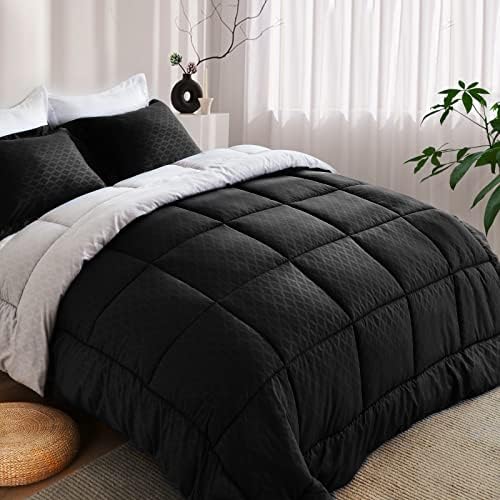 UNILIBRA King Size Comforter Set Lightweight, 3 Pieces Reversible Bedding Comforter Set King with Down Alternative Comforter, 2 Pillow Cases for All Season (Black/Light Grey)