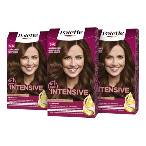 PALETTE Intensive Creme Color 5-6 Castaño Caramelo, tinte de pelo permanente con aceite de macadamia y almendras, cubre el 100% de las canas y raíces, para un color radiante