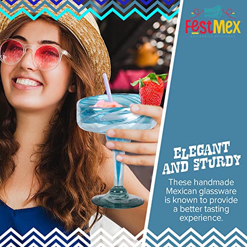 Festmex Mexican Margarita Hand Blown Glass – Traditional Set Of 4 Hand Made Yucatan Cocktails Margarita Glasses (16 Oz) (16 Oz, Aqua Hilo Jalado) #TOP5