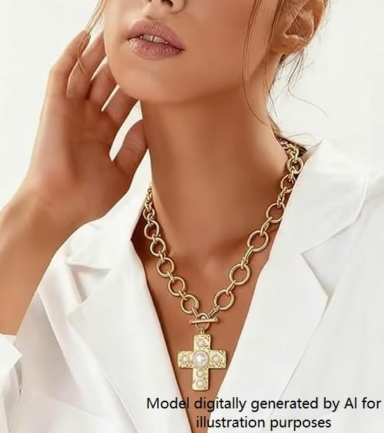 Gold Western Pearl Chunky Cross Necklace For Women, Retro western country statement necklace, chunky gold tone chain with pearl cross, ideal for concert, party daily by jlzlylkl - Image 6