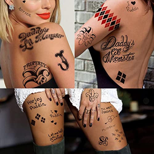 Yezunir 6 Sheets Harley Quinn Tattoos Temporary, The Joker Tattoos Suicide Squad Men Women Fake Tattoo Sticker For Adults, Harley Quinn Tattoos Birds Of Prey Halloween Costume Accessories Face Decals #TOP2
