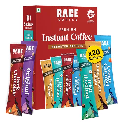 Image of Rage Coffee Instant Freeze Dried Coffee - Pack of 2 (10 Sachets each) - 5 Flavours: Irish Hazelnut, Cream Caramel, Dark Chocolate, Original, Butterscotch Delight (2g Single-Serve Arabica Coffee), Hot and Cold Coffee