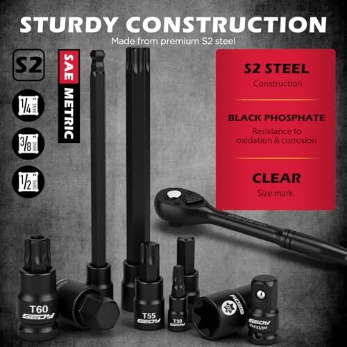 Image of 112-Piece Torx and Allen Bit Socket Set, 1 /4 inch, 3 /8 inch,1 /2 inch Drive Bit Socket Set with Quick-Release Ratchet Wrench, Adapters, Extra long torx /Tamper proof torx /Hex /Ball End Hex /E-Trox,SAE /Metric,S2 Steel
