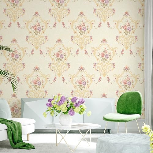Image of wolpin Non-Woven Wallpaper Non-Adhesive (53 x 950 CM) (Cream) | Floral Damask Design with Texture and Subtle Cream Color | Decorative Wall Covering for Home Interior (54.18 Sq Ft)