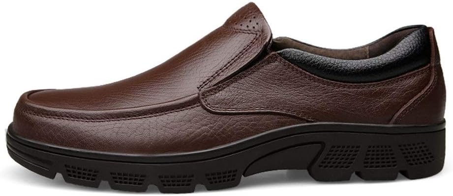 Dress Shoes for Men Slip On Round Apron Toe Cowhide Block Heel Anti-Slip Non Slip Outdoor