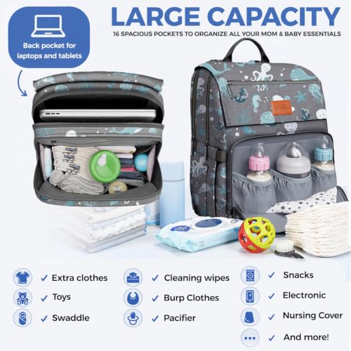 Image of PILLANI Baby Diaper Bag Backpack - Backpack Diaper Bag w /Large Capacity - Baby Shower Gifts - Waterproof Travel Diaper Bags w /Changing Pad, Insulated Bottle Holders, Padded Straps - Baby Boy Stuff