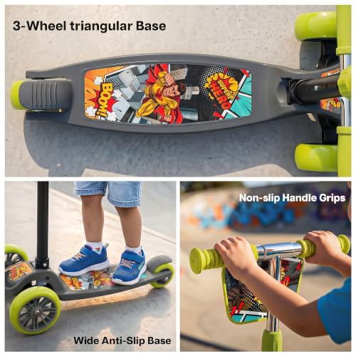 Image of Baybee Trickster Baby Kick Scooter for Kids | Foldable 3 Wheel Kids Scooter with 4 Height Adjustable & Foot Brake | Runner Scooters with Magic Board | Skate Scooter for 2+ Years Boy Girl (Grey /Green)