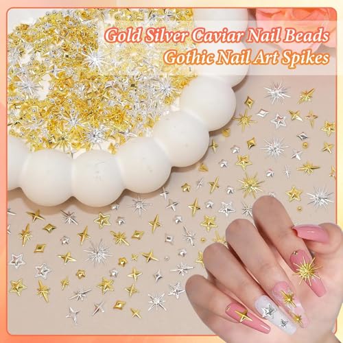 Gold Silver Starburst Nail Charms, Caviar Nail Beads, 3D Gothic Starburst Studs Nails Charms, Gold Silver Alloy Goth Spike Nail Art Kit for DIY Manicure Supplies Y2K Nail Accessories