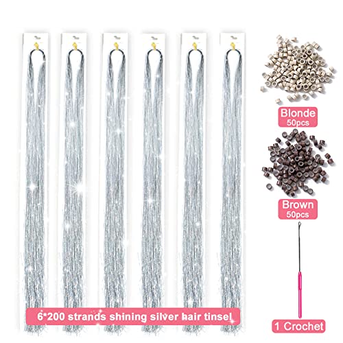 Silver Hair Tinsel Kit With Tools 1200 Strands, Hair Tinsel Heat Resistant Fairy Hair Tinsel Kit 47 Inch, Sparkling Glitter Tinsel Hair Extensions Hair Tensile For Halloween Christmas New Year Party (Shining Silver) #TOP2
