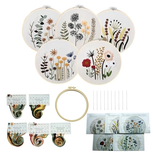 Image of GOGLAM Embroidery Kit for Beginners, 5 Sets Cross Stitch Kits, Needlepoint Kits Adults Beginner with Stamped Flower Pattern, Hoop, Needle, Easy Crafts Kits for Adults