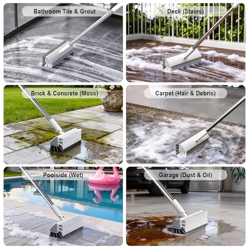 Image of Floor Scrub Brush with Long Handle, Heavy-Duty Stiff Bristles, V-Shape Floor Scrubber Brush for Tile, Concrete & Grout Lines, Stand-Up Cleaning for Garage, Bathroom, Deck & Patio
