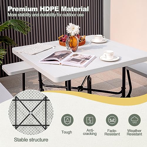Image of Tangkula 8 Person Picnic Table, Outdoor Square Picnic Table with 4 Built-in Benches, Umbrella Hole, Metal Frame & HDPE Tabletop, Outside Table and Bench Set for Backyard, 2300lbs Weight Capacity