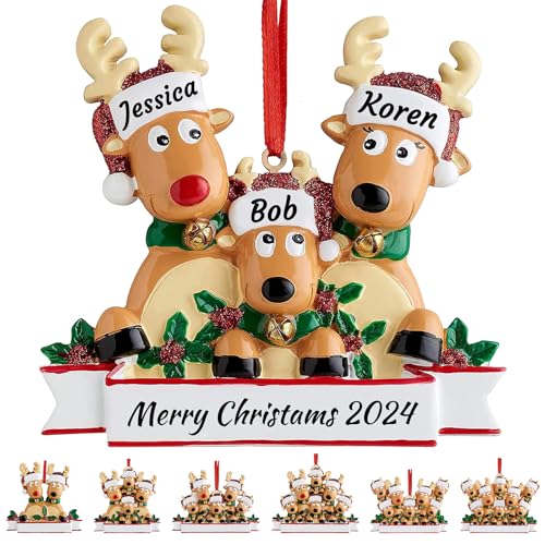 Personalized Deer Christmas Tree Ornament Family of 2,3,4,5,6,7,8 Name Cute Santa Reindeer 2024 Christmas Decoration Xmas Gift-Family of 3