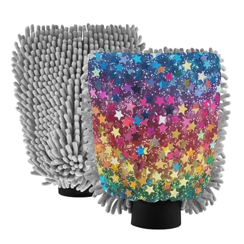 GakkiGii Star Sequin 2 Pack Microfiber Car Wash Mitts, Dual-Sided Chenille Gloves, Scratch-Free for Auto Detailing & Home Cleaning, L