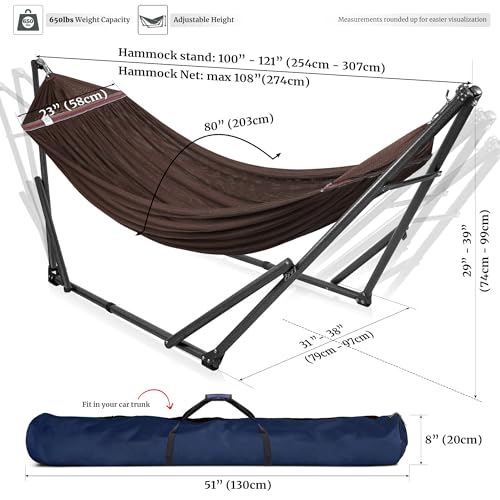 Image of Tranquillo Universal Double Hammock with Stand Included for 2 Persons /Foldable Hammock Stand 600 lbs Capacity Portable Case - Inhouse, Outdoor, Camping, Brown