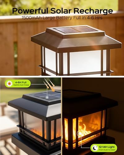 FIONSUN Solar Flame Post Lights Outdoor, Solar Powered Fence Post Cap Lights, High Brightness Flickering Flame SMD LED Lighting Decor for Garden Deck Patio (6 Pack) - 2