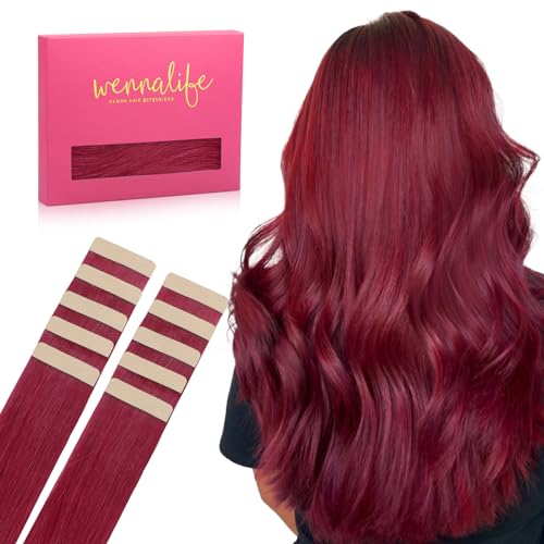 Image of WENNALIFE Tape in Hair Extensions Human Hair Burgundy Red Tape in Extensions, 10pcs 25g 16 inch Remy Invisible Tape Ins Straight Colored Soft Real Human Hair Tape in Extensions Refill Set Extensions