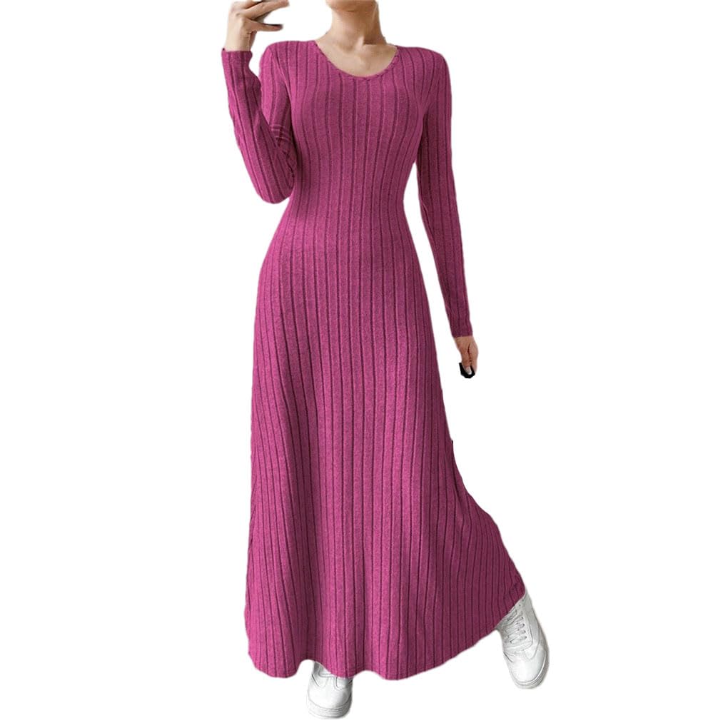 Womens Sweater Dresses Office Lady Ventilate Waist in Long Sleeve Midi Sweater Dresses