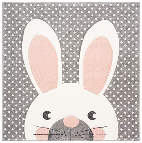 SAFAVIEH Carousel Kids Collection 3' Square Pink/Grey CRK168P Bunny Ear Non-Shedding Nursery Playroom Area Rug