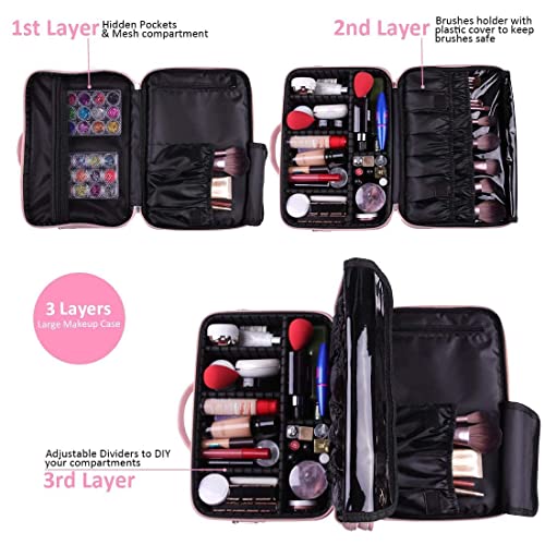 Vasker Makeup Bag Organizer Large Makeup Case 3 Layers Pink Professional Makeup Bags Waterproof Makeup Box Portable Travel Cosmetic Bag Brush Holder With Adjustable Divider Shoulder Strap For Women #TOP1